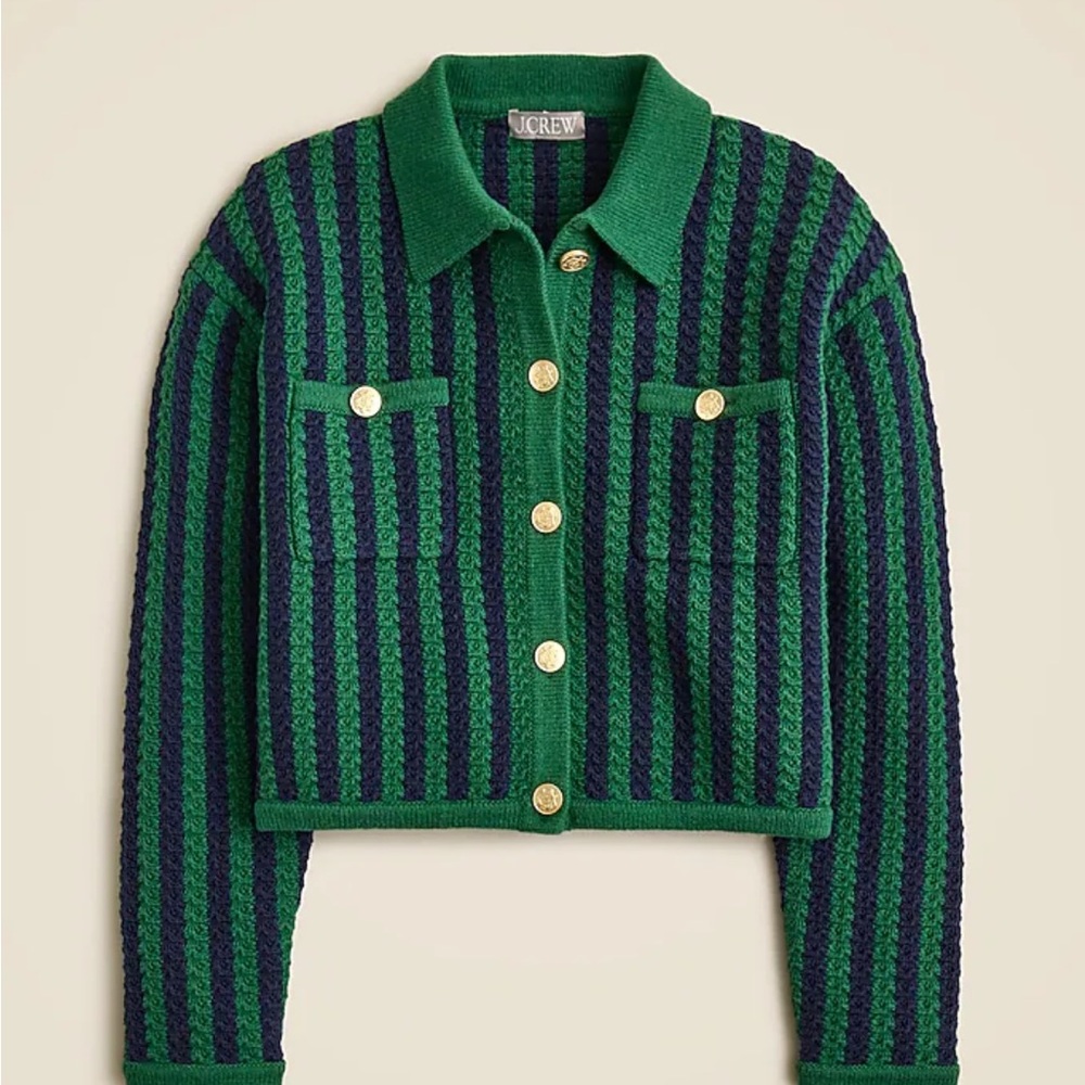J. Crew Green and Navy Striped Cardigan with Gold Accents
